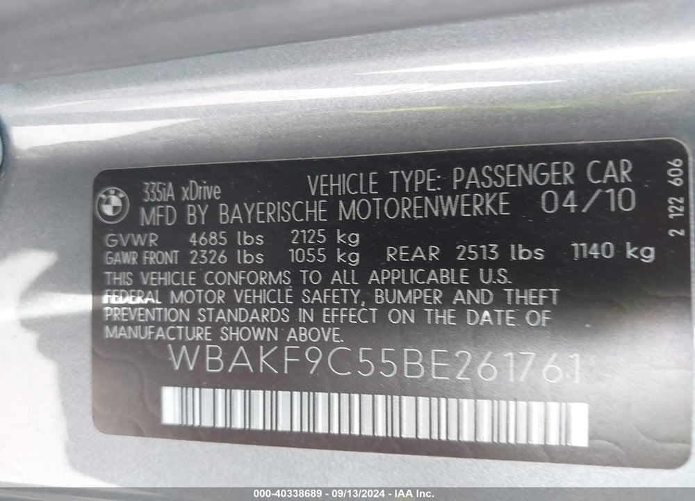 2011 BMW 335I XDRIVE VIN: WBAKF9C55BE261761