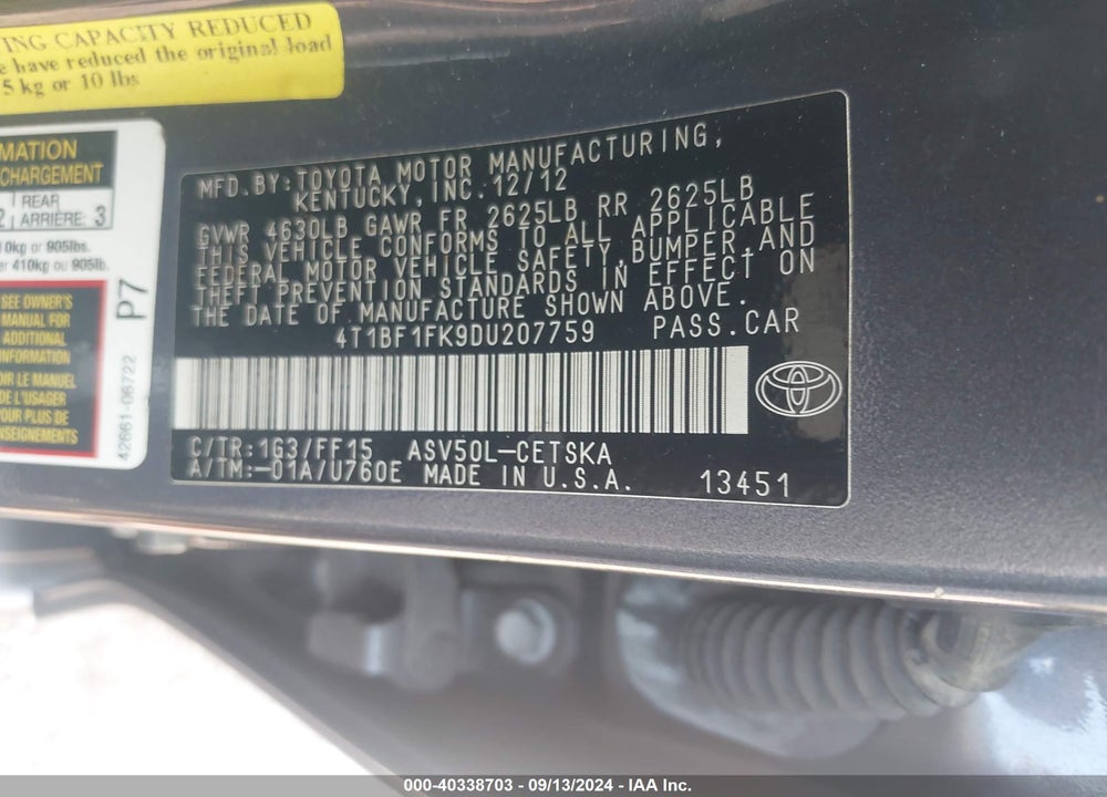2013 TOYOTA CAMRY SE VIN: 4T1BF1FK9DU207759