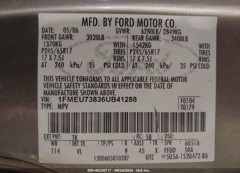 2006 FORD EXPLORER XLT VIN: 1FMEU73836UB41288