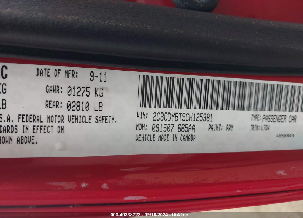 2012 DODGE CHALLENGER R/T VIN: 2C3CDYBT9CH125381