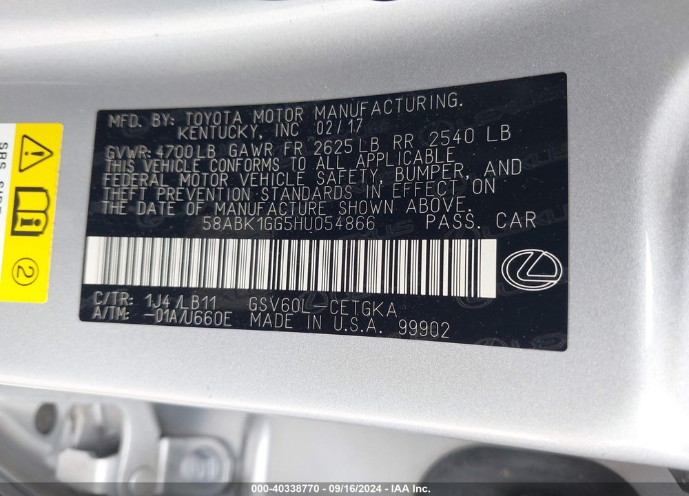 2017 LEXUS ES 350 VIN: 58ABK1GG5HU054866