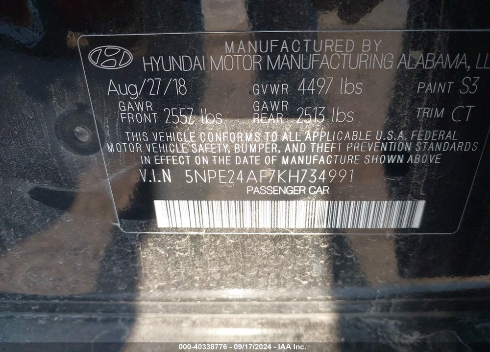 2019 HYUNDAI SONATA SE VIN: 5NPE24AF7KH734991