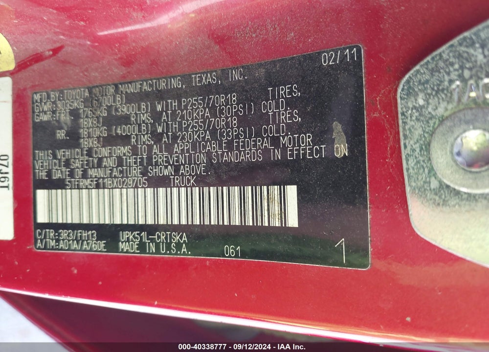 2011 TOYOTA TUNDRA GRADE 4.6L V8 VIN: 5TFRM5F11BX029705