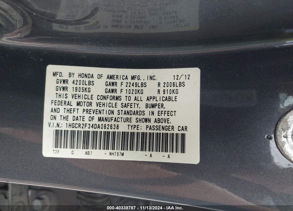 2013 HONDA ACCORD LX VIN: 1HGCR2F34DA082638