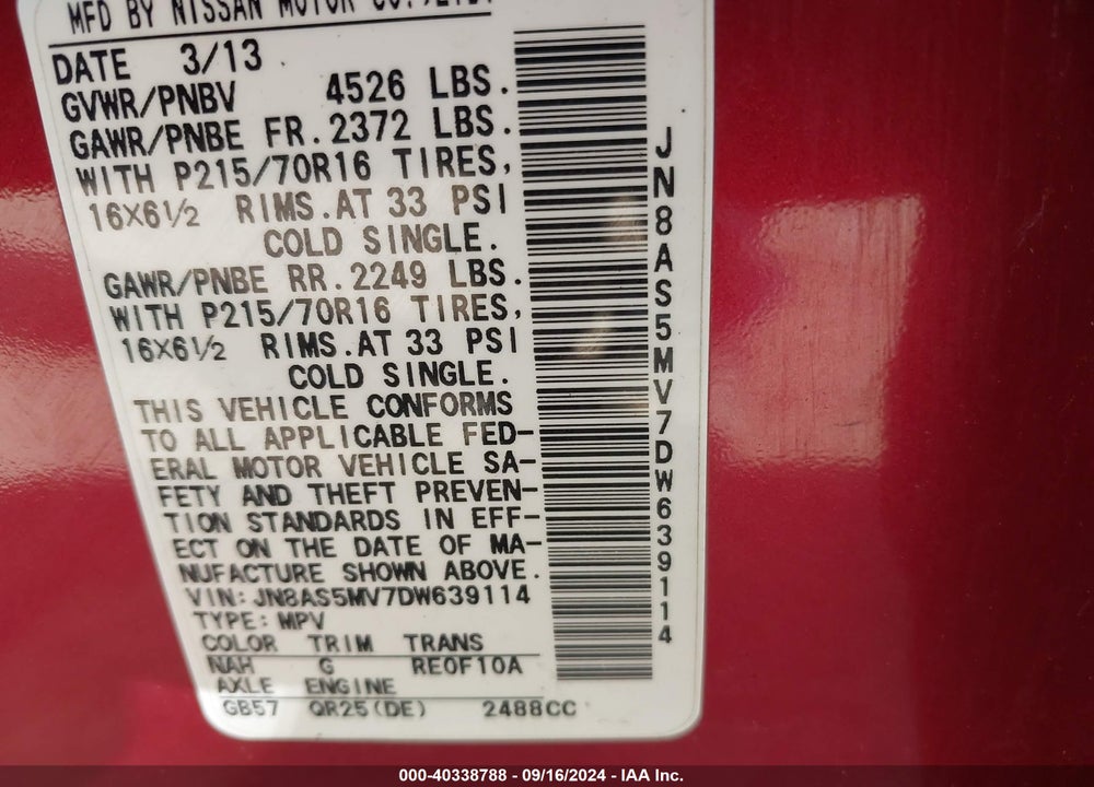 2013 NISSAN ROGUE S VIN: JN8AS5MV7DW639114