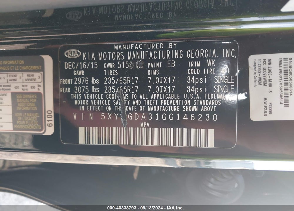 2016 KIA SORENTO 2.4L LX VIN: 5XYPGDA31GG146230