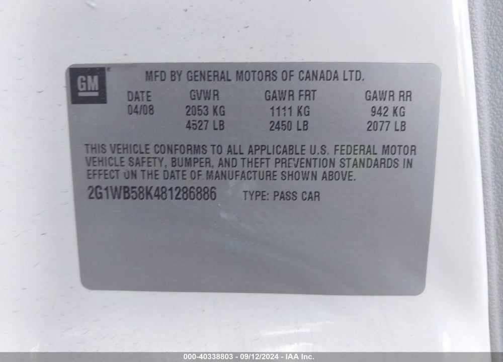 2008 CHEVROLET IMPALA LS VIN: 2G1WB58K481286886