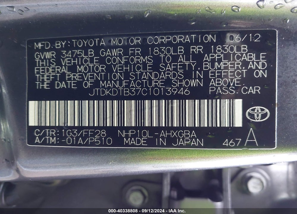 2012 TOYOTA PRIUS C THREE VIN: JTDKDTB37C1013946