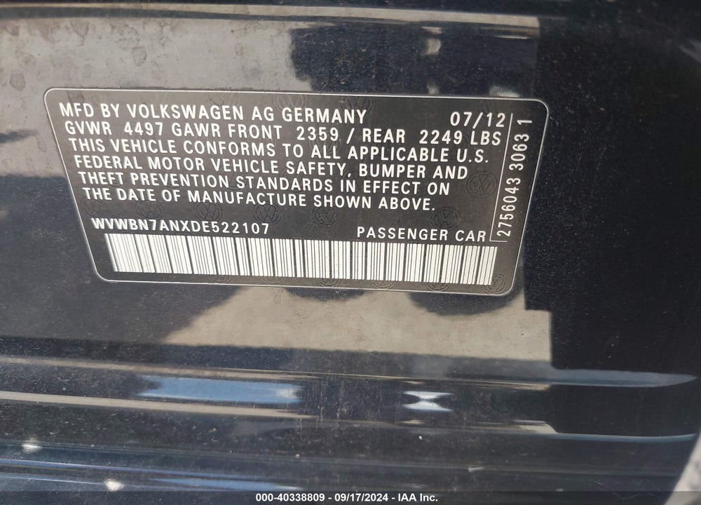 2013 VOLKSWAGEN CC 2.0T SPORT VIN: WVWBN7ANXDE522107