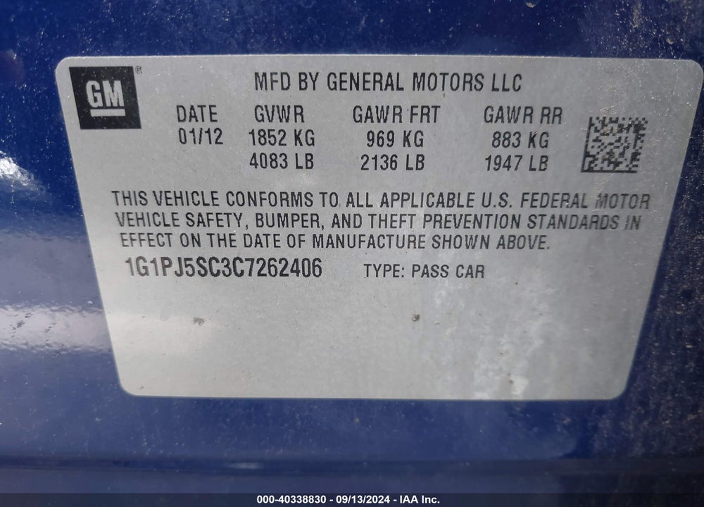 2012 CHEVROLET CRUZE ECO VIN: 1G1PJ5SC3C7262406