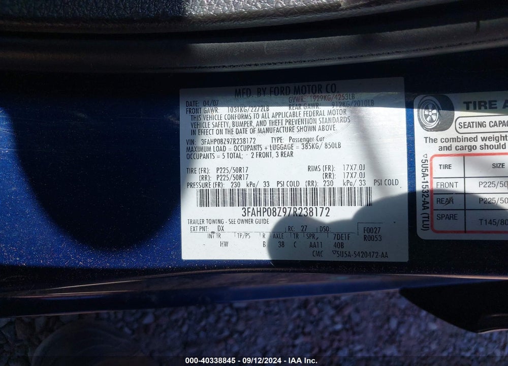 2007 FORD FUSION SEL VIN: 3FAHP08Z97R238172