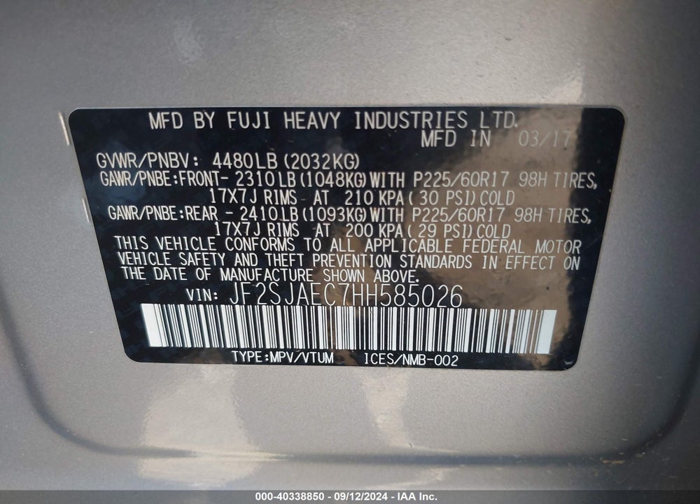 2017 SUBARU FORESTER 2.5I PREMIUM VIN: JF2SJAEC7HH585026