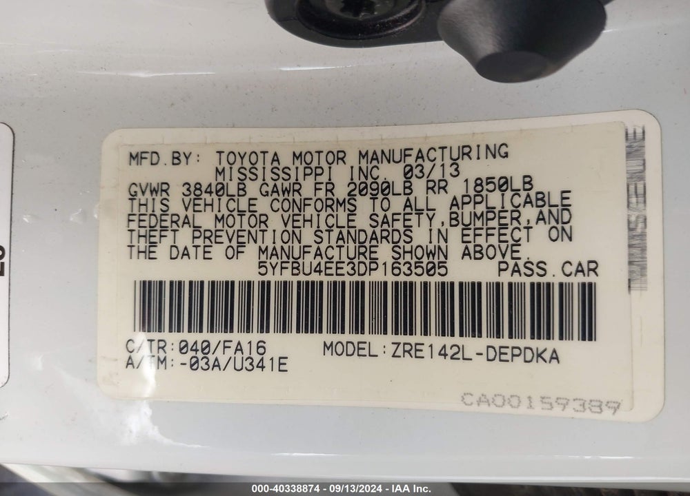 2013 TOYOTA COROLLA L VIN: 5YFBU4EE3DP163505