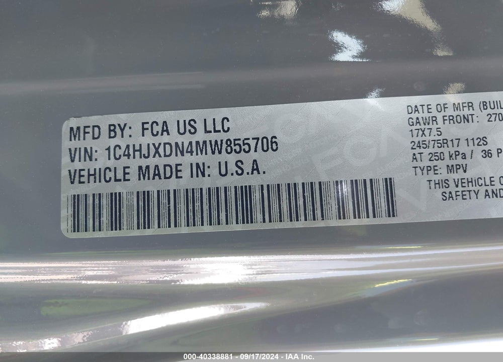 2021 JEEP WRANGLER UNLIMITED SPORT S 4X4 VIN: 1C4HJXDN4MW855706