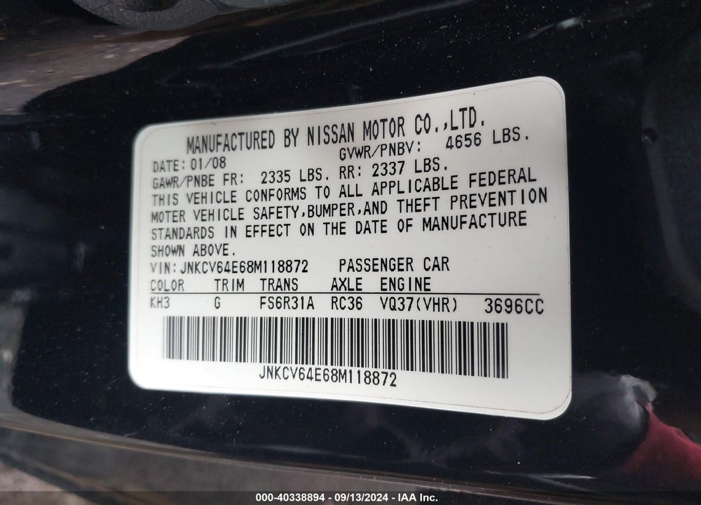 2008 INFINITI G37 SPORT VIN: JNKCV64E68M118872