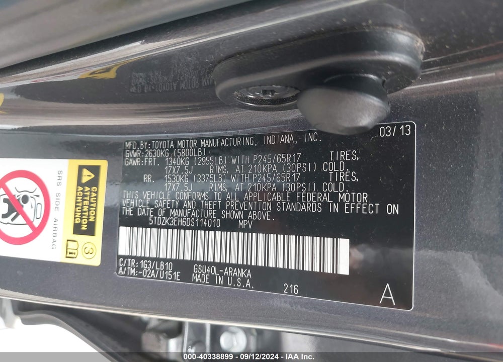 2013 TOYOTA HIGHLANDER SE V6 VIN: 5TDZK3EH6DS114010