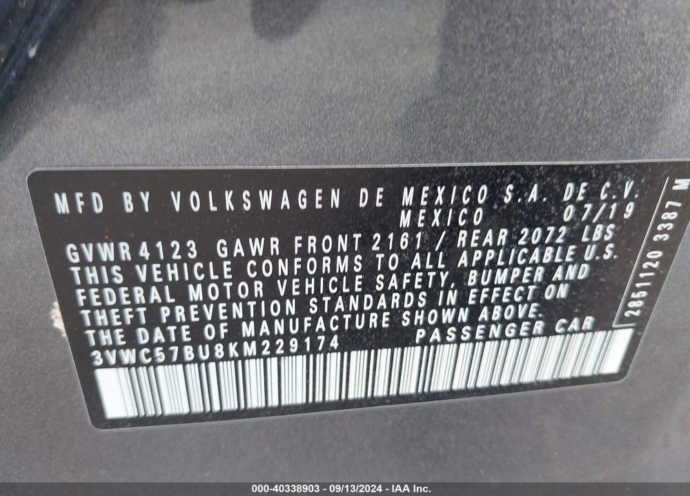 2019 VOLKSWAGEN JETTA 1.4T R-LINE/1.4T S/1.4T SE VIN: 3VWC57BU8KM229174