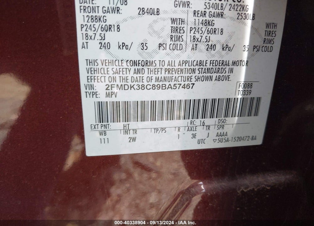 2009 FORD EDGE SEL VIN: 2FMDK38C89BA57467