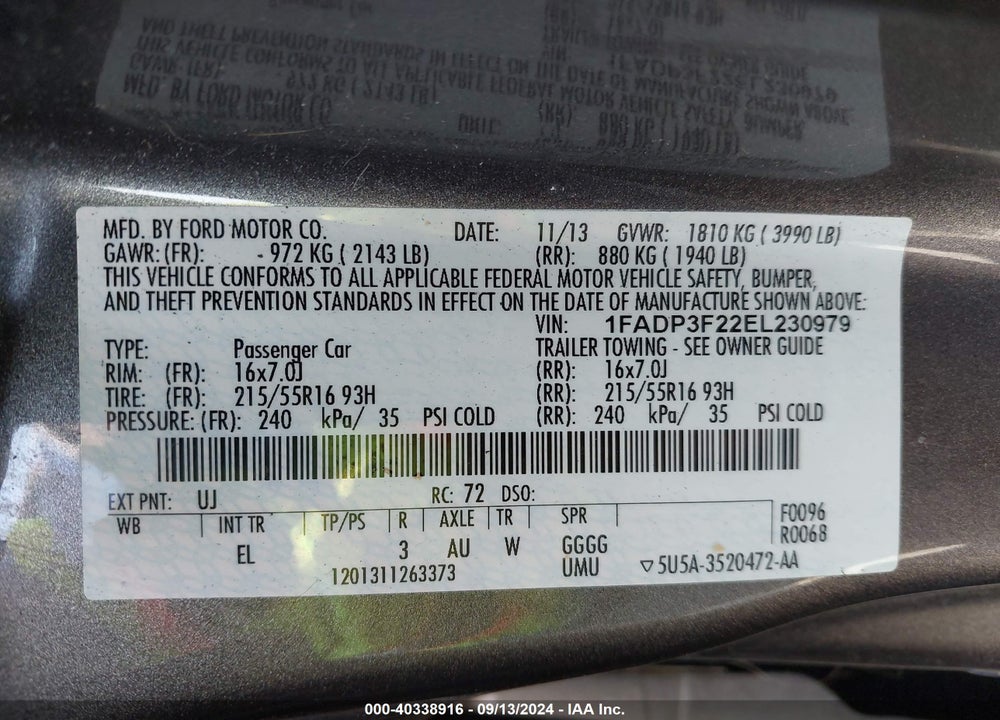 2014 FORD FOCUS SE VIN: 1FADP3F22EL230979