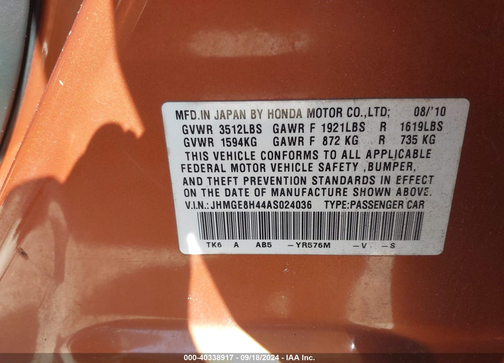 2010 HONDA FIT SPORT VIN: JHMGE8H44AS024036