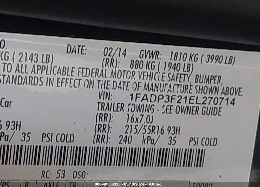 2014 FORD FOCUS SE VIN: 1FADP3F21EL270714