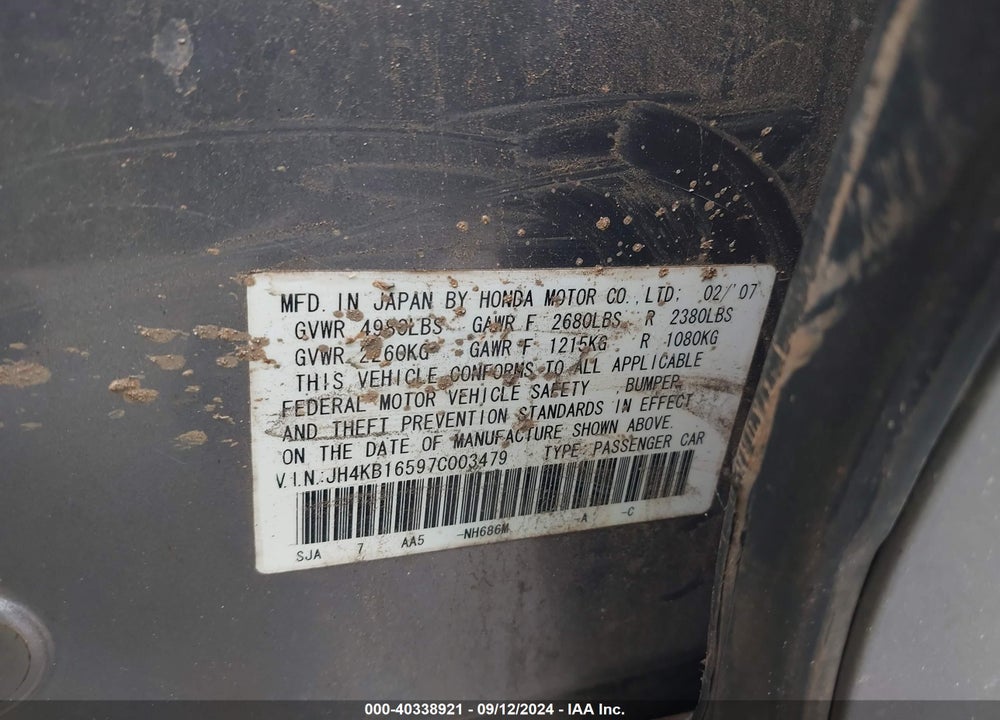 2007 ACURA RL 3.5 VIN: JH4KB16597C003479