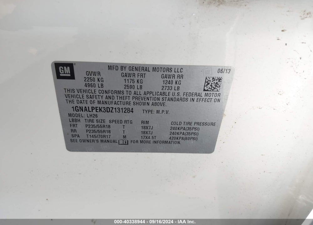 2013 CHEVROLET EQUINOX VIN: 1GNALPEK3DZ131284