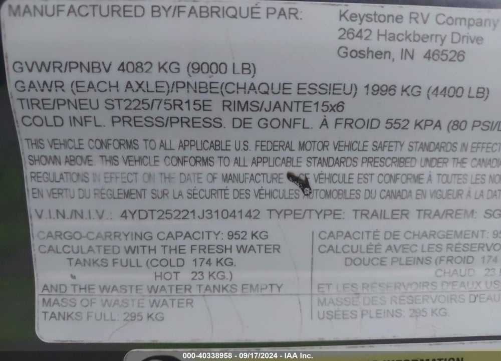 2018 KEYSTONE RV OTHER VIN: 4YDT25221J3104142