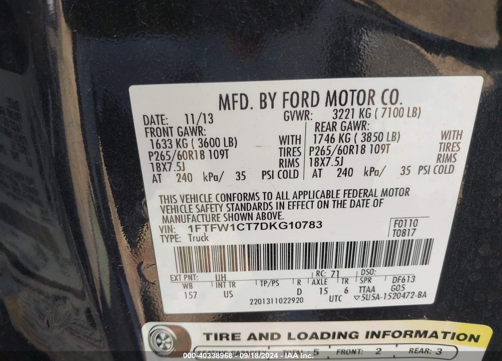2013 FORD F-150 XLT VIN: 1FTFW1CT7DKG10783