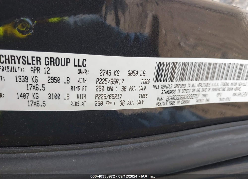 2012 DODGE GRAND CARAVAN CREW VIN: 2C4RDGDG8CR332757