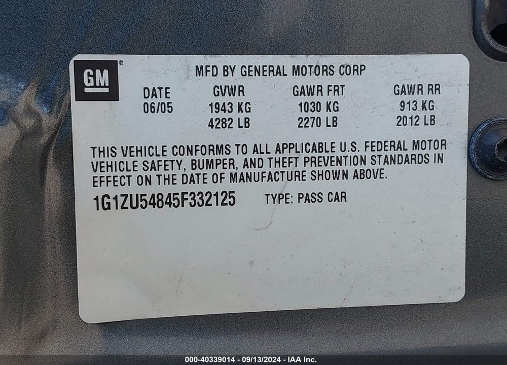 2005 CHEVROLET MALIBU LT VIN: 1G1ZU54845F332125