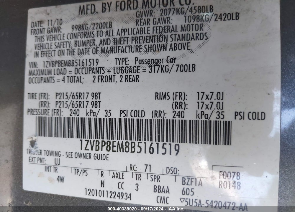 2011 FORD MUSTANG V6 PREMIUM VIN: 1ZVBP8EM8B5161519