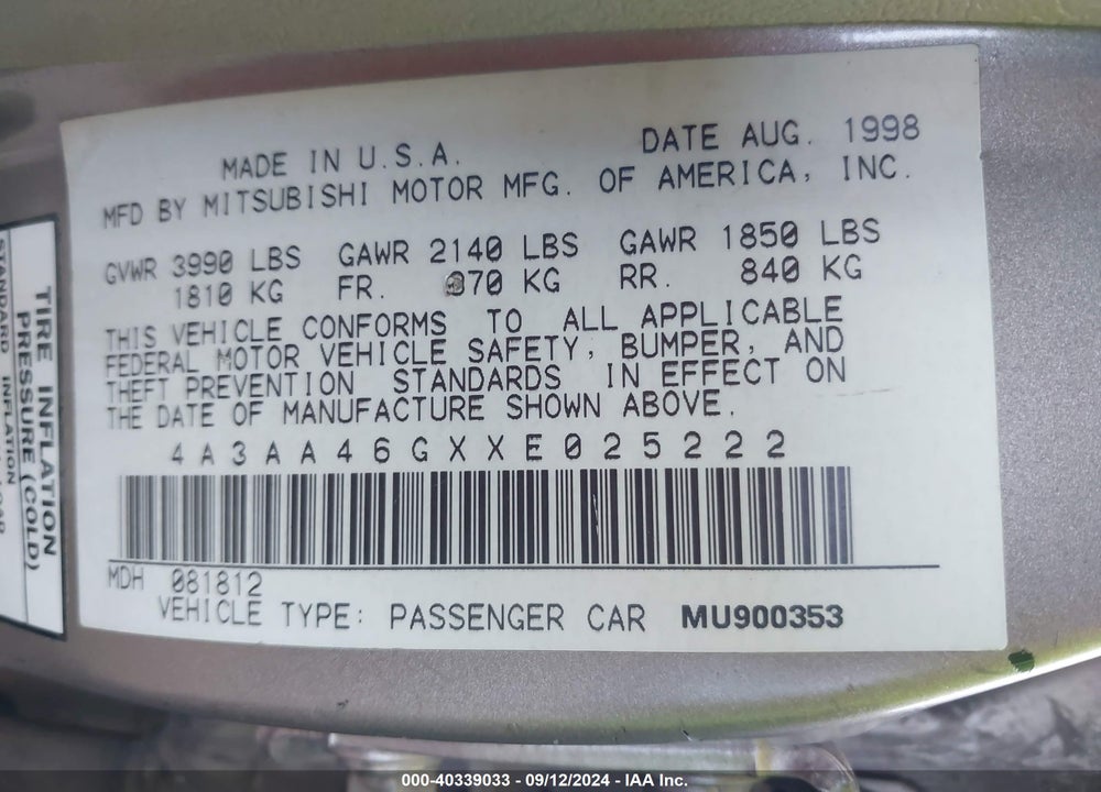 1999 MITSUBISHI GALANT ES VIN: 4A3AA46GXXE025222