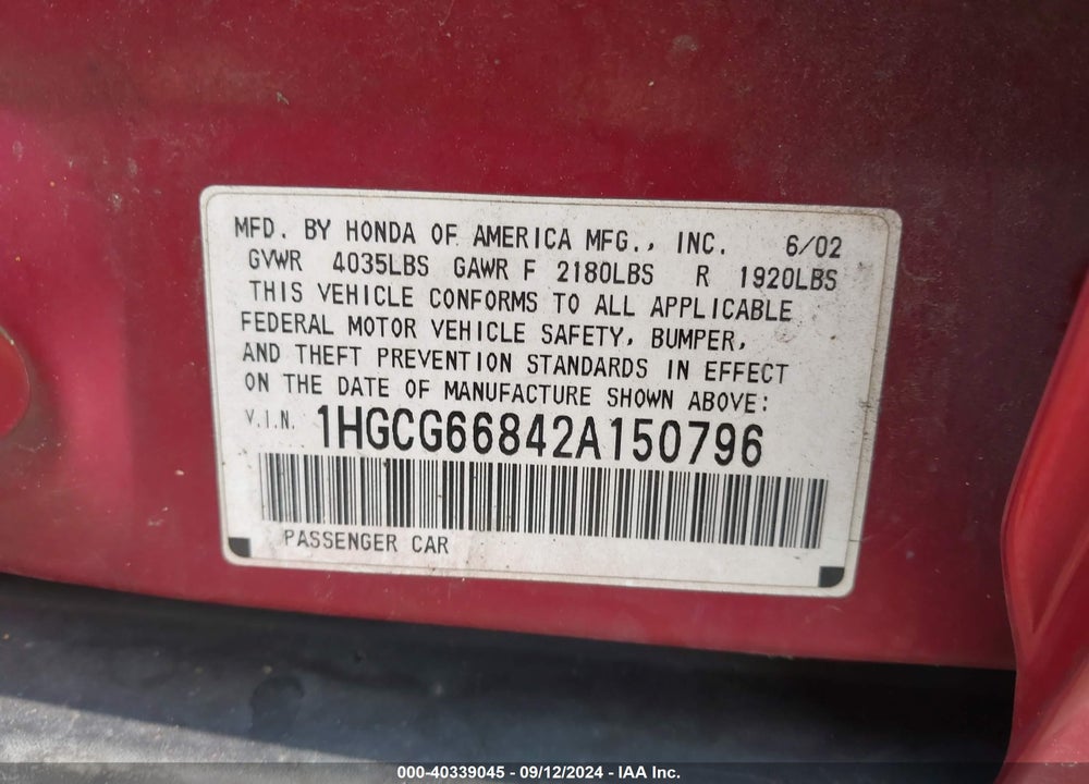 2002 HONDA ACCORD 2.3 EX/2.3 SE VIN: 1HGCG66842A150796