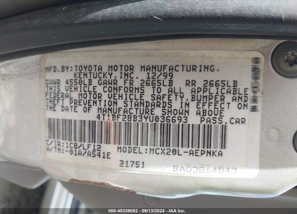 2000 TOYOTA AVALON XL VIN: 4T1BF28B3YU036693