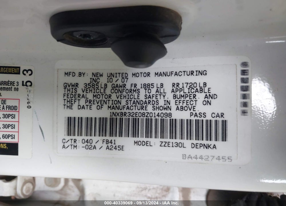 2008 TOYOTA COROLLA LE VIN: 1NXBR32E08Z014098
