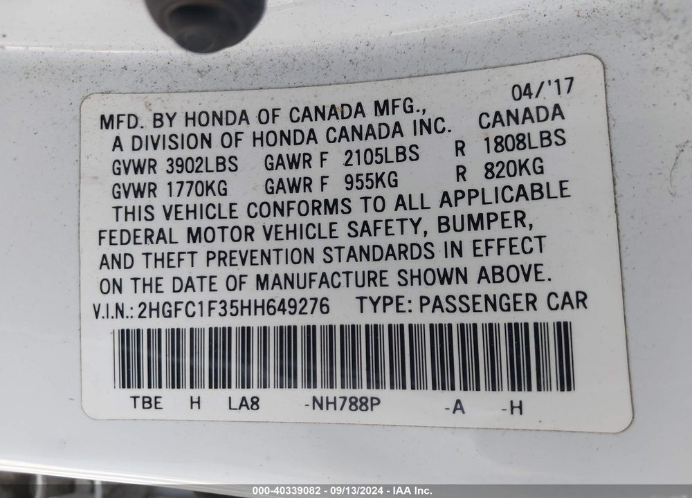2017 HONDA CIVIC EX-T VIN: 2HGFC1F35HH649276