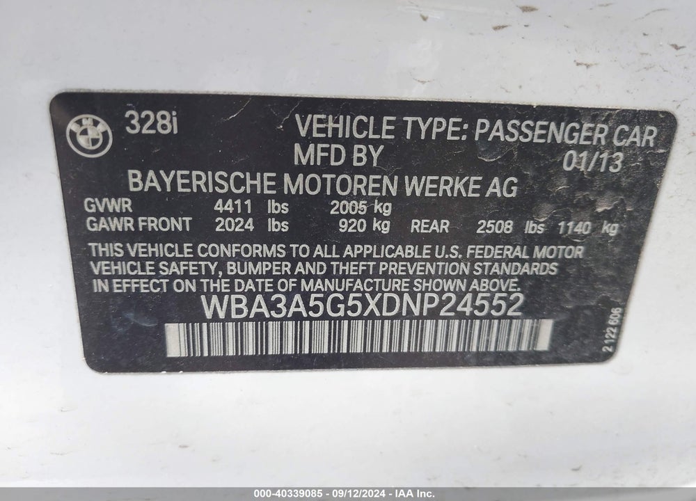 2013 BMW 328I VIN: WBA3A5G5XDNP24552