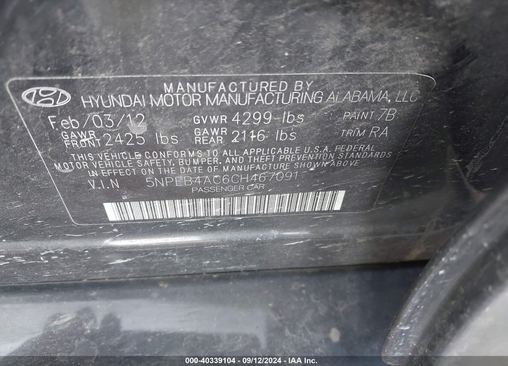 2012 HYUNDAI SONATA GLS VIN: 5NPEB4AC6CH467091