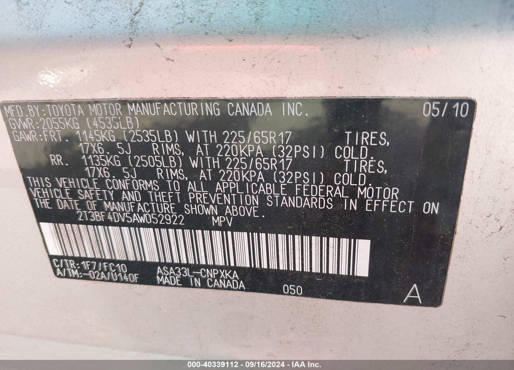 2010 TOYOTA RAV4 VIN: 2T3BF4DV5AW052922