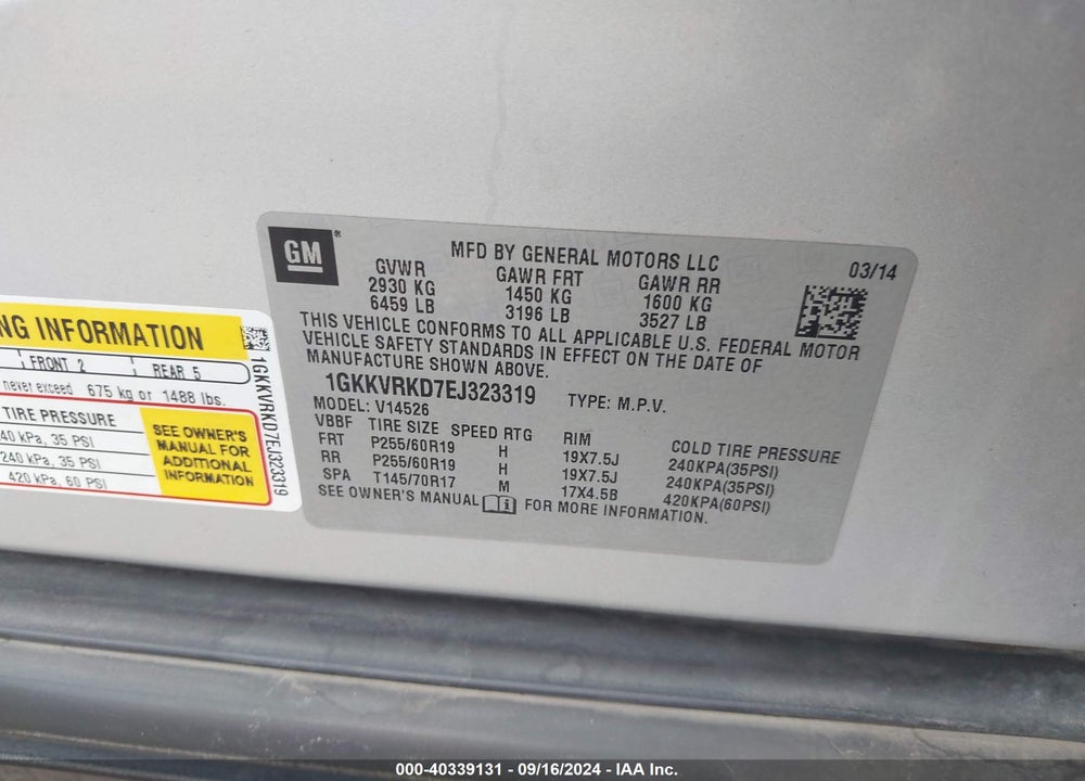 2014 GMC ACADIA SLT-1 VIN: 1GKKVRKD7EJ323319