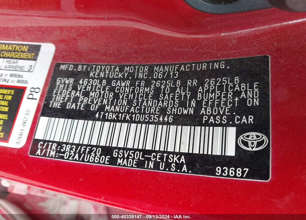 2013 TOYOTA CAMRY SE V6 VIN: 4T1BK1FK1DU535446