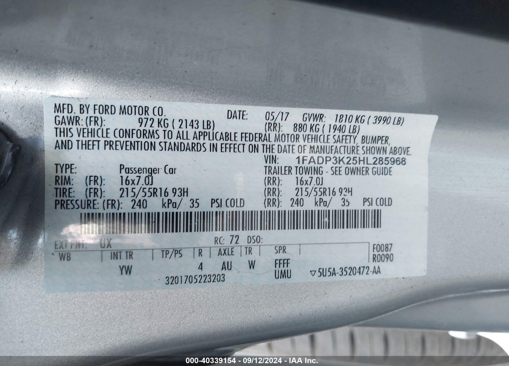 2017 FORD FOCUS SE VIN: 1FADP3K25HL285968