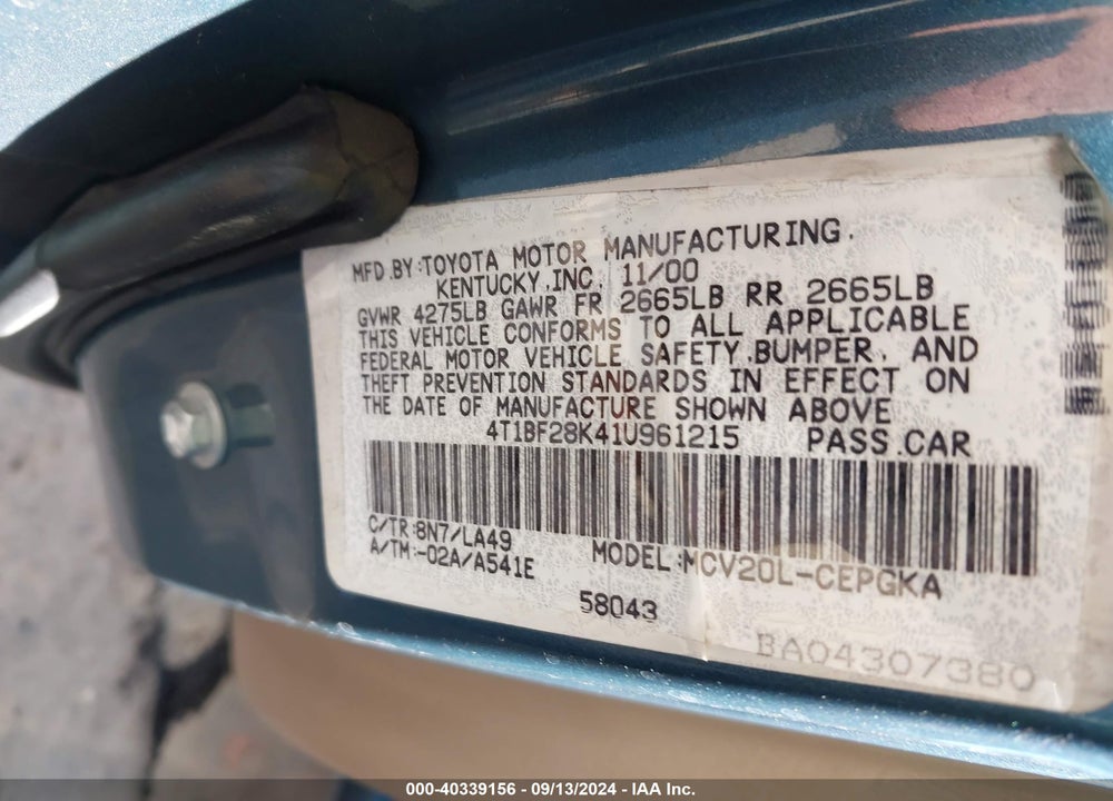 2001 TOYOTA CAMRY XLE V6 VIN: 4T1BF28K41U961215