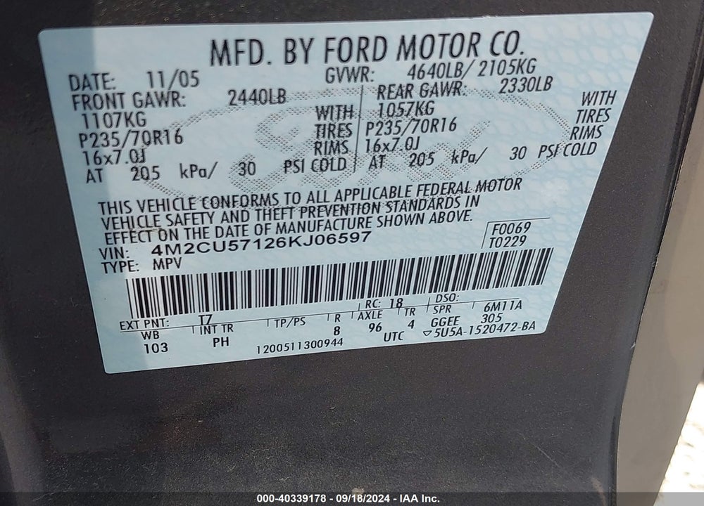 2006 MERCURY MARINER LUXURY/PREMIER VIN: 4M2CU57126KJ06597
