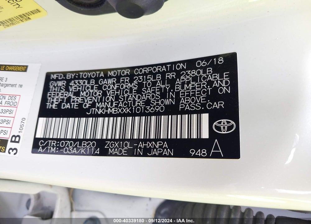2019 TOYOTA C-HR LIMITED VIN: JTNKHMBXXK1013690