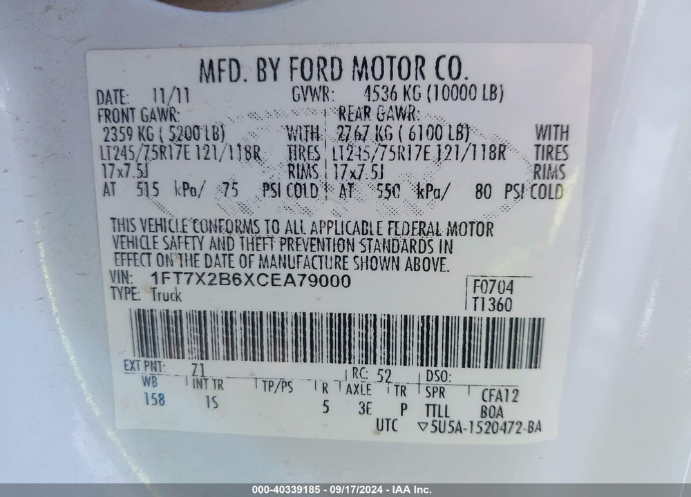 2012 FORD F-250 XL VIN: 1FT7X2B6XCEA79000