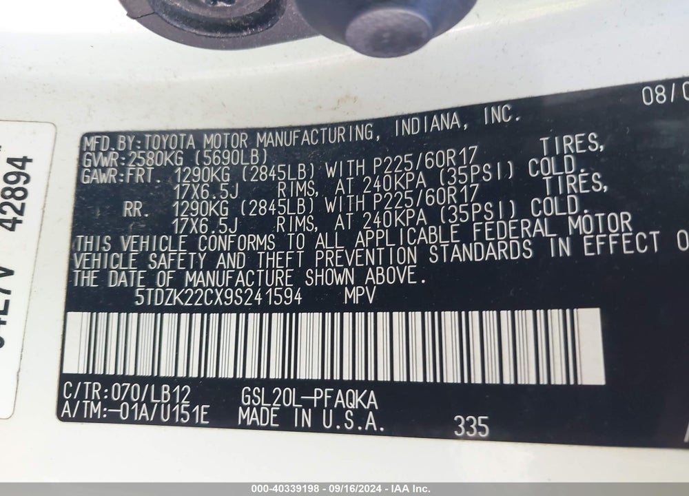 2009 TOYOTA SIENNA XLE VIN: 5TDZK22CX9S241594