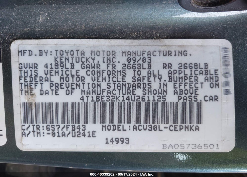 2004 TOYOTA CAMRY LE VIN: 4T1BE32K14U261125