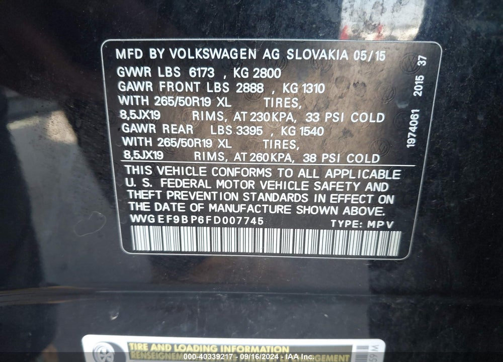 2015 VOLKSWAGEN TOUAREG VIN: WVGEF9BP6FD007745